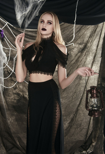 Darkness Wielder Halloween Gothic Vintage Vampire Bridal Gown Black Spandex Deep Chest Open Cold Shoulder Top and Lace Decorated High Split Skirt