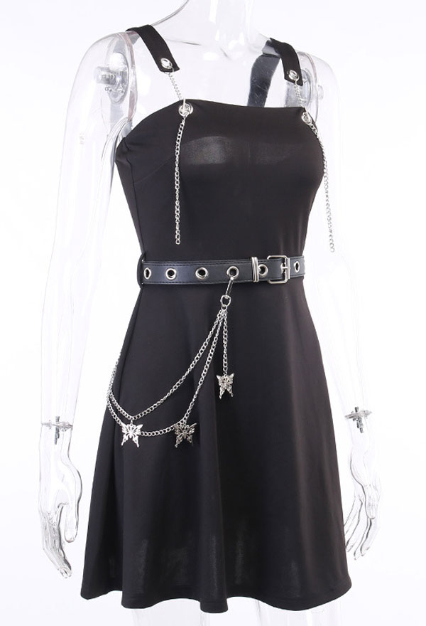 Gothic Punk Wrapped Breast Dress Dark Style Black Cotton Dress With Butterfly Metal Accessories