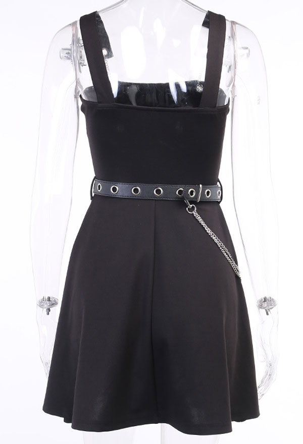 Gothic Punk Wrapped Breast Dress Dark Style Black Cotton Dress With Butterfly Metal Accessories
