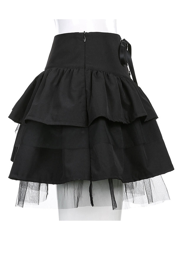 Gothic Mesh Spliced Cake Skirt Dark Style Black Polyester Tie-Front Ruffled Skirt
