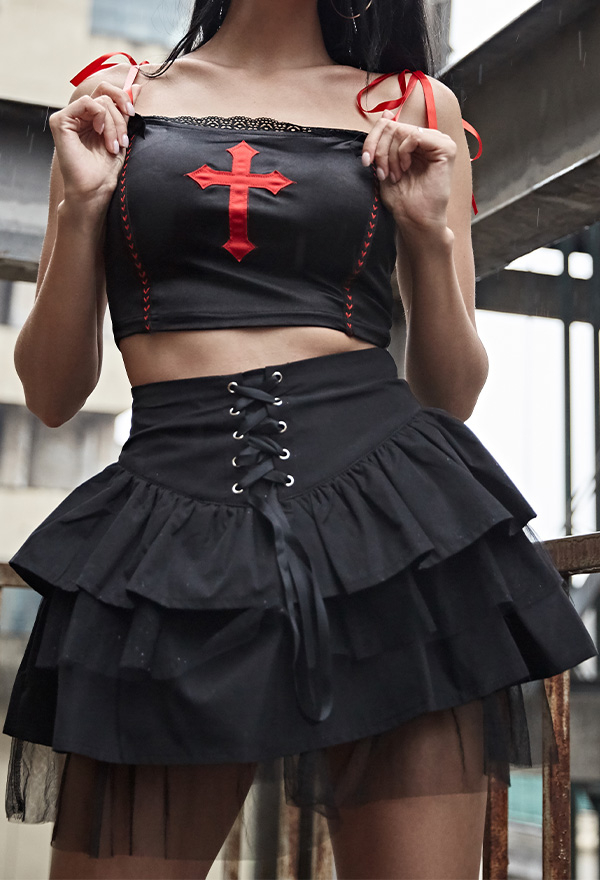 Gothic Mesh Spliced Cake Skirt Dark Style Black Polyester Tie-Front Ruffled Skirt