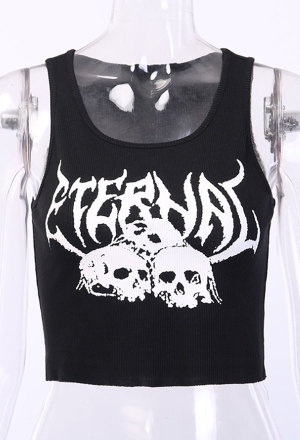 Gothic Navel Vest Top Dark Style Cotton Skeleton Characters Printed Vest
