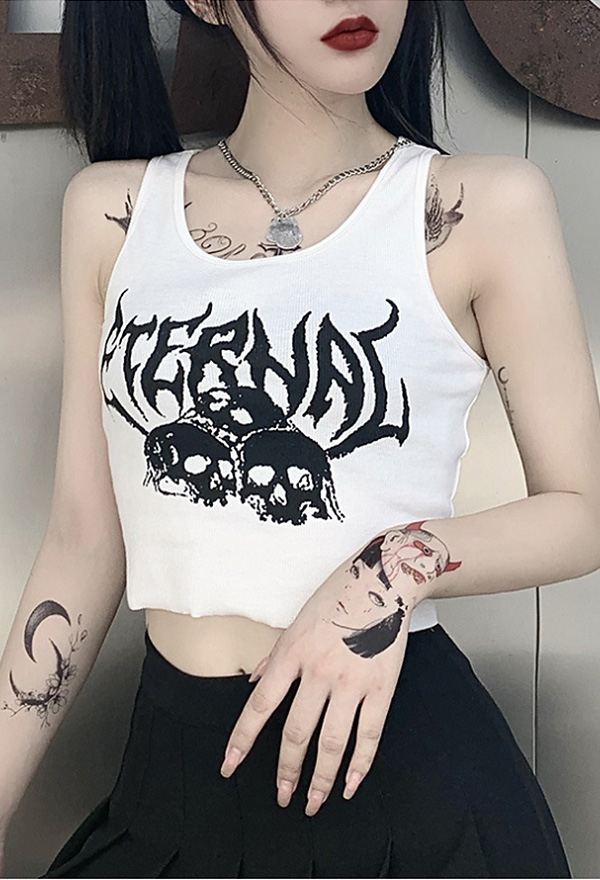 Woman Fashion Gothic Summer Navel Vest Top Dark Style White Cotton Skellington Characters Printed Vest