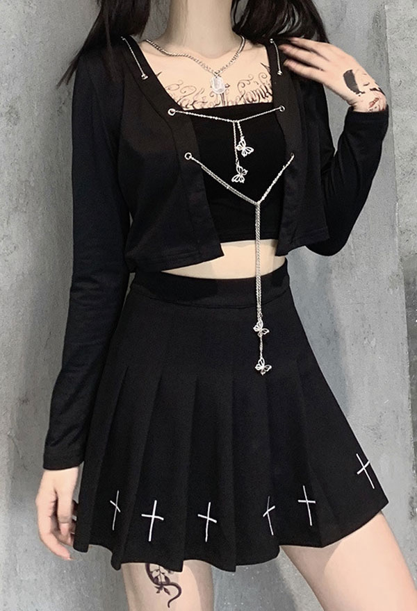Gothic Cardigan Dark Style Black Cotton Long Sleeve Iron Chain Butterfly Breasted Navel Top
