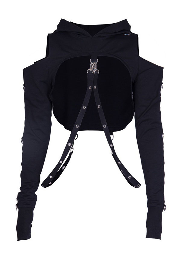 Gothic Off-the-shoulder Top Dark Style Black Cotton Sexy Design Ripped Sweatshirt