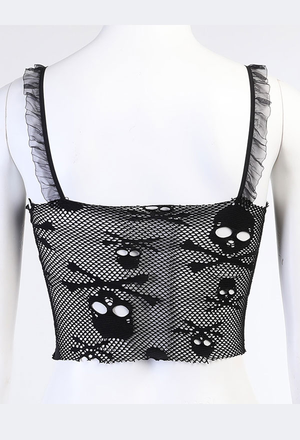 Gothic Lace Breasted Navel Top Dark Style Black Fishnet Skull Pattern Vest Top