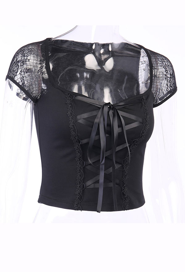 Gothic Square Neck Top Dark Style Black Cotton Strapped Short Sleeve Top