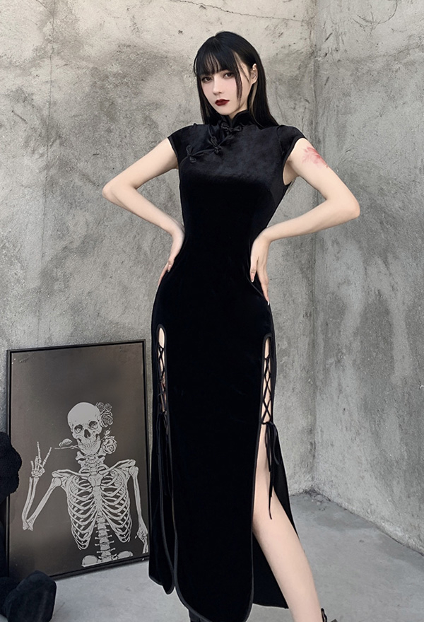 Gothic Vintage Cheongsam Dress Elegant Black Short Sleeve High Split Bandage Slim Dress