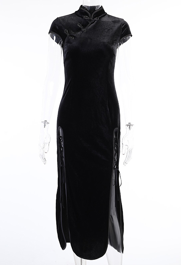 Gothic Vintage Cheongsam Dress Elegant Black Short Sleeve High Split Bandage Slim Dress