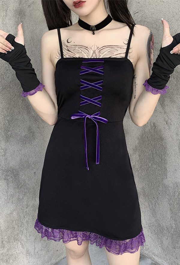 Gothic Fashion Summer Stylish Dress Black Mall Goth Purple Lace Ruffle Bandage Suspender Dress with Gloves