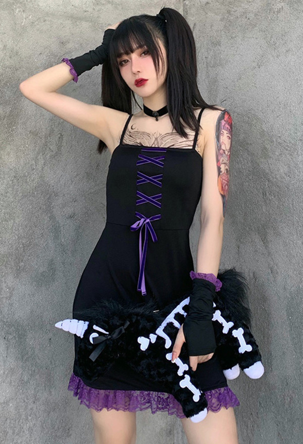 Gothic Fashion Summer Stylish Dress Black Mall Goth Purple Lace Ruffle Bandage Suspender Dress with Gloves