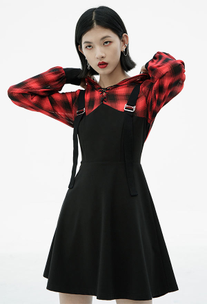Punk Rave Fake 2-piece Black And Red Dress With Lantern Cuff Gothic Chiffon Dress With Plaid Hoodie
