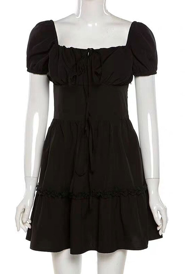 E-girl Fashion Gothic Summer Chest Open A Line Dress Dark Style Non-Stretch Woven Short Puff Sleeve Tight Dress
