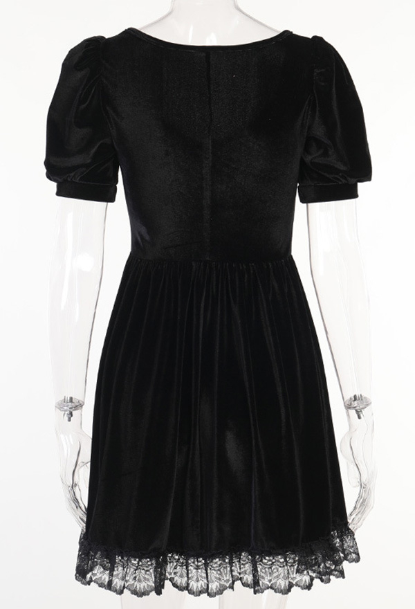 Gothic Summer Aesthetic Mini Dress Black Velvet Puff Sleeve Lace Hem A Line Dress