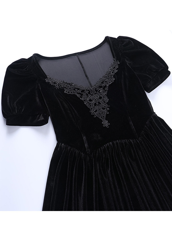 Gothic Summer Aesthetic Mini Dress Black Velvet Puff Sleeve Lace Hem A Line Dress