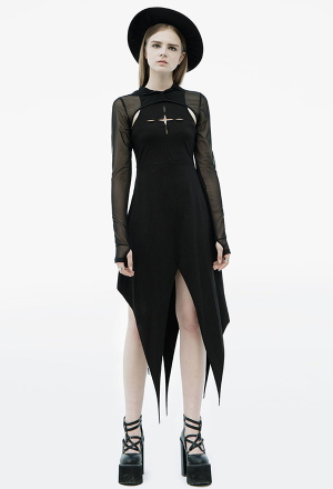 Punk Rave Two-piece Vest Dress With Mesh Jacket Gothic Cross Hollow Out In Chest Black Dress