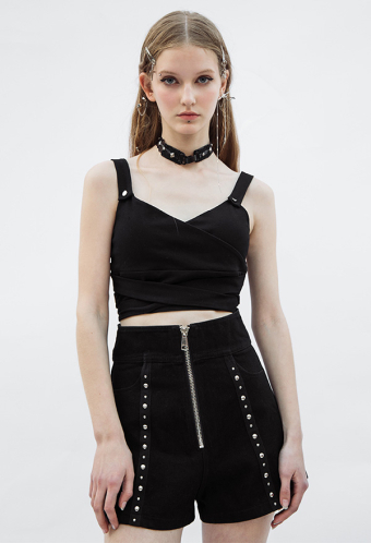 Punk Rave V-neckline Strap Top Gothic Black Elastic Cotton Fabric Top With Adjustable Waist Strap