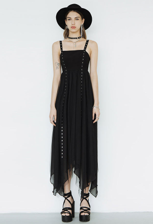 Punk Rave Asymmetric Hem Cami Dress Gothic Long Dress With Black N White Strap