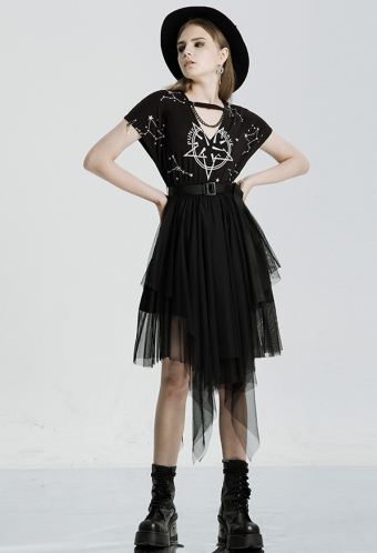 Punk Rave Rebel Series Pentagram V Neckline Dress Gothic Black Mesh Stitched Print Dress