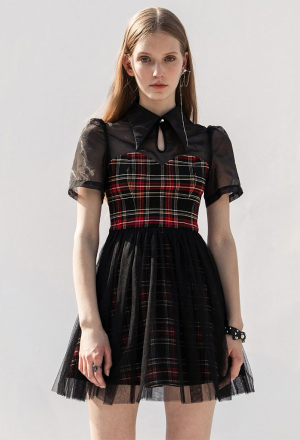 Punk Rave Free C Series Lace Organza Spliced Dress Gothic Black And Red Plaid Mesh Dress