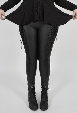 Punk Rave Stretchy Leggings With Lace Print And Ribbon Gothic Bottom Black PU Leather Leggings Plus Size