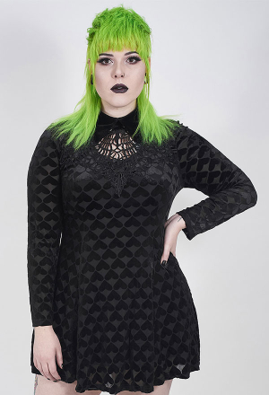 Punk Rave Dark Night Vines Heart Pattern Dress Gothic Black Polyester Lace Up Back Design Dress Plus Size