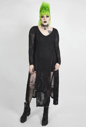 Punk Rave Dark Snake Scale Black Flower Dress Gothic Black V Neckline Sheer Split Dress Plus Size