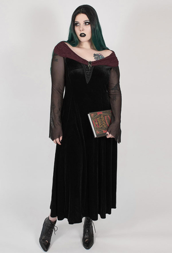 Punk Rave Black And Red Feather Boat Neck Dress Gothic Dark Sheer Long Sleeve Dress With Detachable Brooch Plus Size