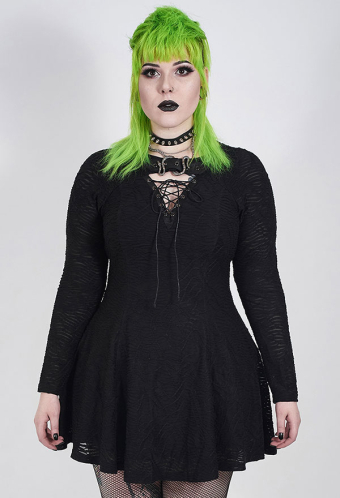 Punk Rave Mystery Long Sleeve Dress With Snake Buckle Gothic Punk Black Lace Up Front Short Dress Plus Size