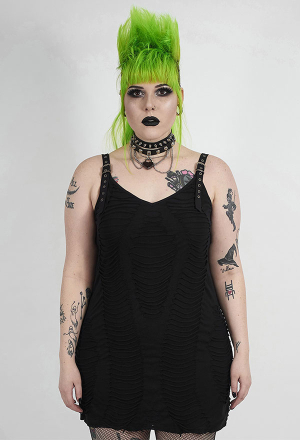 Punk Rave Dark Elastic V Neckline Short Dress Gothic Black Adjustable Shoulder Stap Dress Plus Size