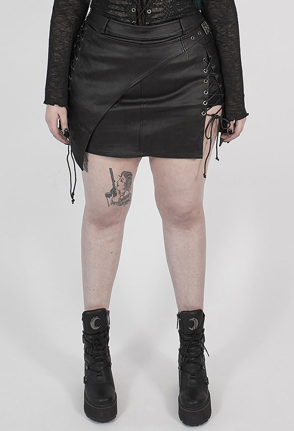 Punk Rave Irregular Hem Half Skirt Gothic Bottom Steampunk Plus Size Black PU Leather Skirt With Adjustable Rope