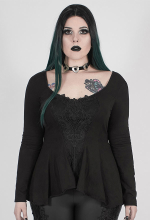 Punk Rave Hallow Decal Long Sleeve Shirt Gothic Black Top Women's Plus Size Victorian Style Print Irregular Hem Shirt With Adjustable Rope
