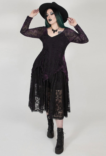 Punk Rave V Neckline Elastic Lace Up Ribbon Short Dress Gothic Women's Plus Size Black And Violet Irregular Hemline Dress