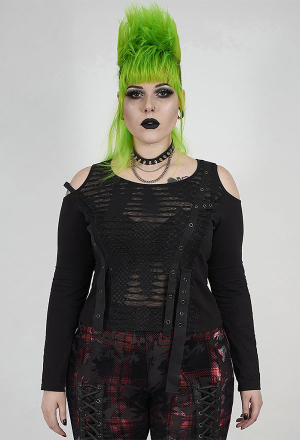 Punk Rave Sheer Cold Shoulder Long Sleeve Shirt Gothic Punk Women's Plus Size Black Top With Decorative Ribbon