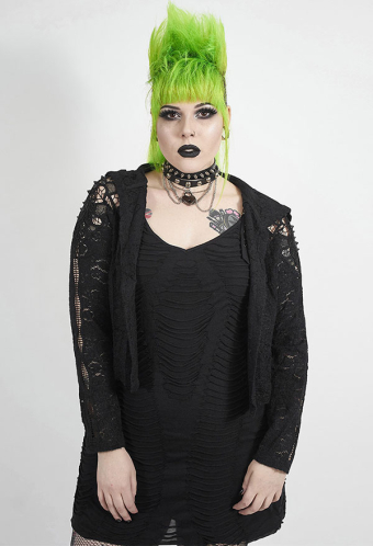Punk Rave Hollow Out Rose Pattern Lace Coat Gothic Women's Plus Size Black Lace Hooded Top