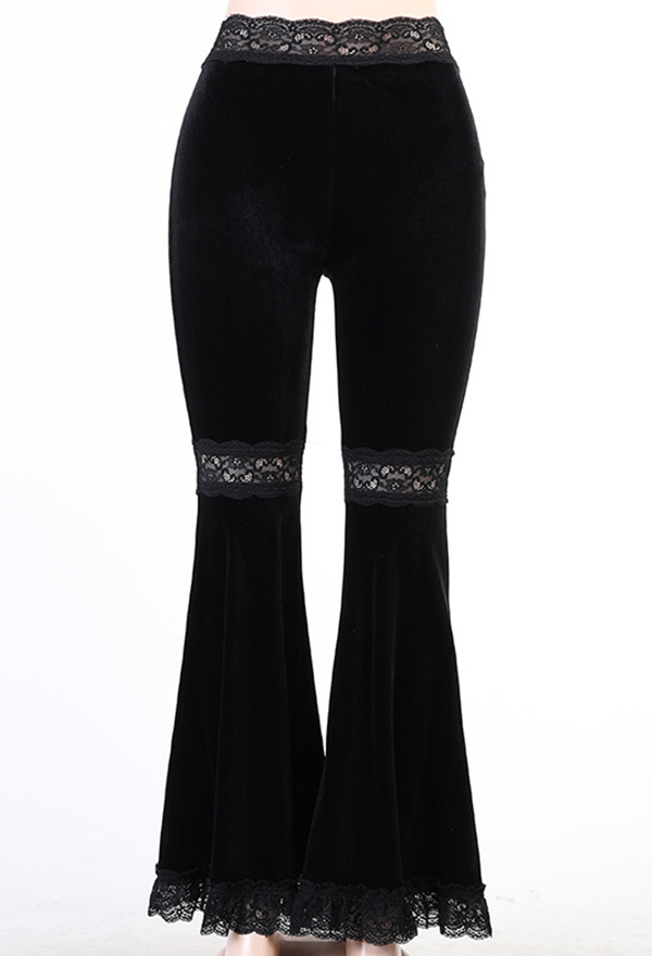 Gothic Curvy-Fit Bell Bottom Pants Black Cotton High Waist Flare Pants
