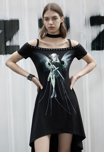 Punk Rave X DollChateau Nicola Series Dark Print Off-shoulder Dress Gothic Black High-low Dress