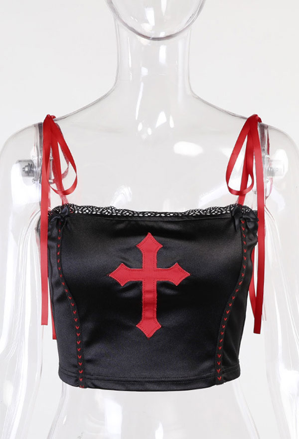 Gothic Summer Vintage Stylish Navel Camisole Black Lace Up Cross Embroidered Sleeveless Bondage Sling Tank Top
