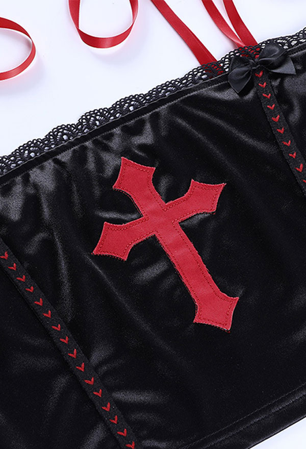 Gothic Summer Vintage Stylish Navel Camisole Black Lace Up Cross Embroidered Sleeveless Bondage Sling Tank Top