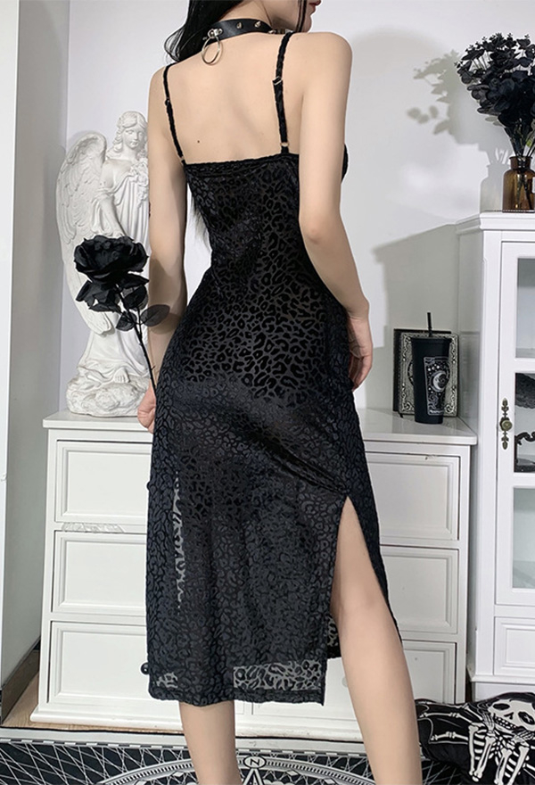 Woman Fashion Gothic Summer Leopard Pattern Sleeveless Dress Black Mesh Split Up Stitching Pencil Suspender Dress