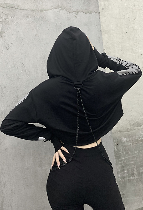 Woman Fashion Gothic Stylish Streetwear Patchwork Long Sleeve Hoodies Dark Style Black Punk Rock Fish Bone Print Reflective Chain Hoodies
