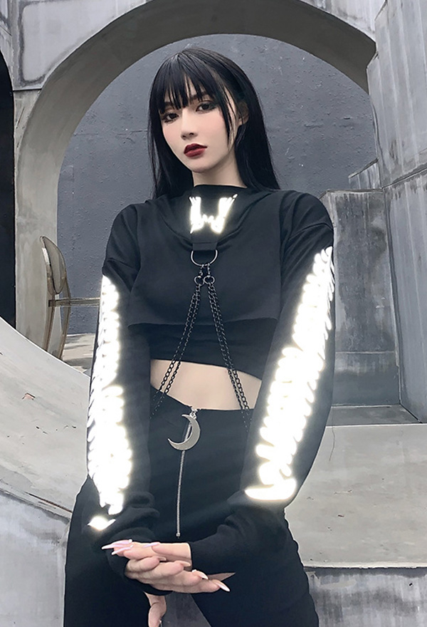 Woman Fashion Gothic Stylish Streetwear Patchwork Long Sleeve Hoodies Dark Style Black Punk Rock Fish Bone Print Reflective Chain Hoodies