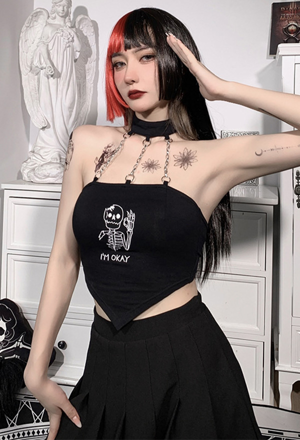 E-girl Fashion Gothic Summer Navel Vest Top Hot Girl Style Black Skull Printed Halter Neck Chain Sleeveless Vest