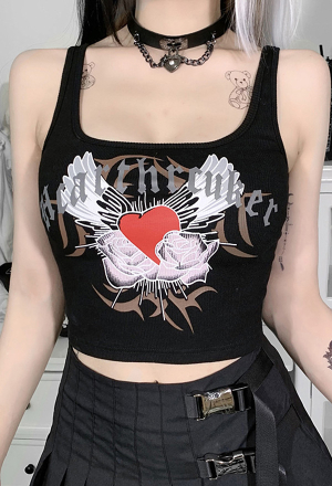 Woman's E-girl Gothic Navel Slim Cami Top Y2K Style Love Wings Printed Sleeveless Camisole Crop Top