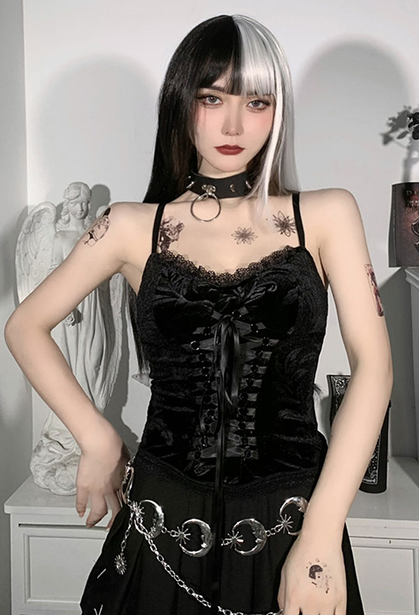 Woman's Fashion Gothic Vintage V- Neck Cami Top Dark Style Black Lace Front Strip Camisole Top