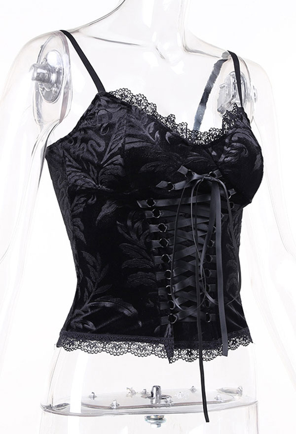 Woman's Fashion Gothic Vintage V- Neck Cami Top Dark Style Black Lace Front Strip Camisole Top