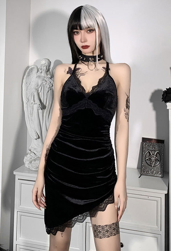 Gothic Deep V Neck Slim Halter Dress Velvet Back Strap Lace Decorated Irregular Hem Dress