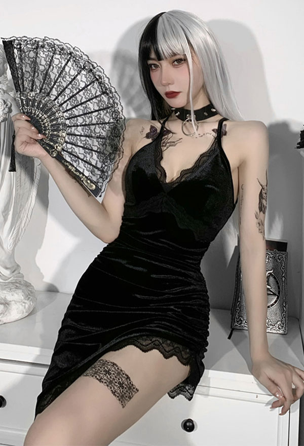 Gothic Deep V Neck Slim Halter Dress Velvet Back Strap Lace Decorated Irregular Hem Dress