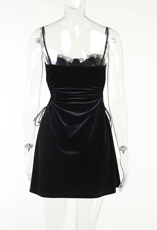 Gothic Vintage Party Suspender Dress Black Velvet Waist Lace-Up Patchwork A-line Mini Dress