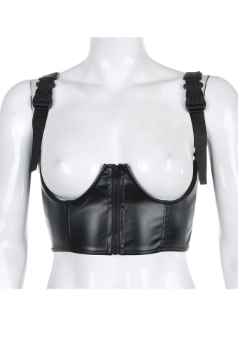 Gothic Waist Belt Streetwear Style Black PU Leather Front Zipper Adjustable Shoulder Strap Underbust Corset